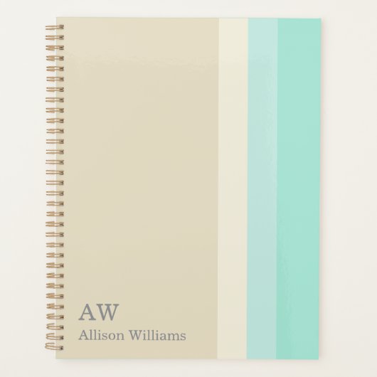 Monogramm Personalisiert Beige und Aquablau Planer (Vorderseite)