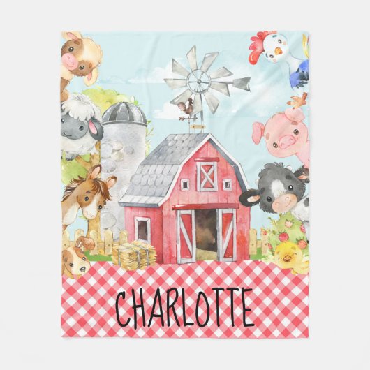 Monogramm Personalisierte Barnyard-Tiere Fleecedecke (Vorderseite)