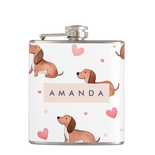 Monogramm Personalisierte Niedliche Dackel Dog Flachmann (Vorderseite)