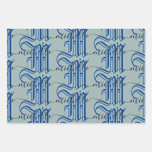 Monogramm personalisierter Anfangsname blau Geschenkpapier Set (Vorderseite 3)