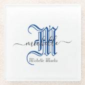 Monogramm personalisierter Anfangsname blau  Glasuntersetzer (Vorderseite)