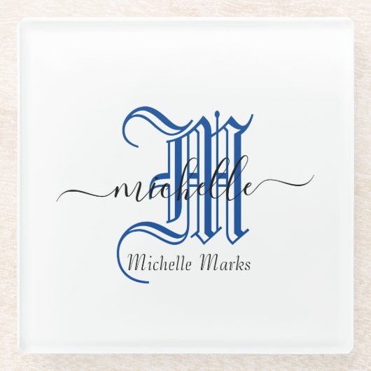 Monogramm personalisierter Anfangsname blau Glasuntersetzer (Vorderseite)