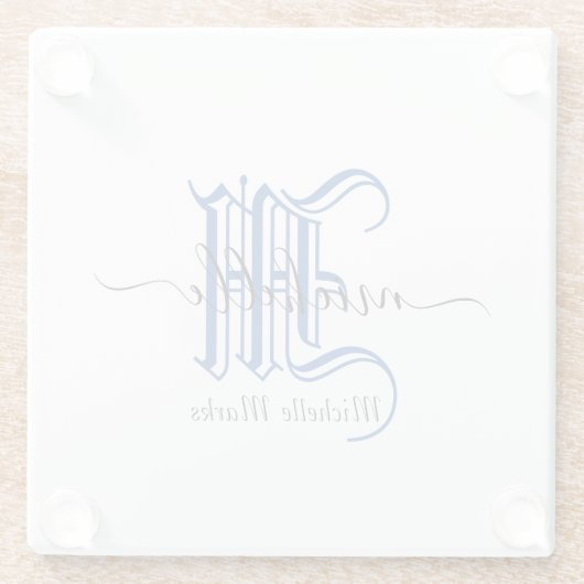 Monogramm personalisierter Anfangsname blau  Glasuntersetzer (Rückseite)
