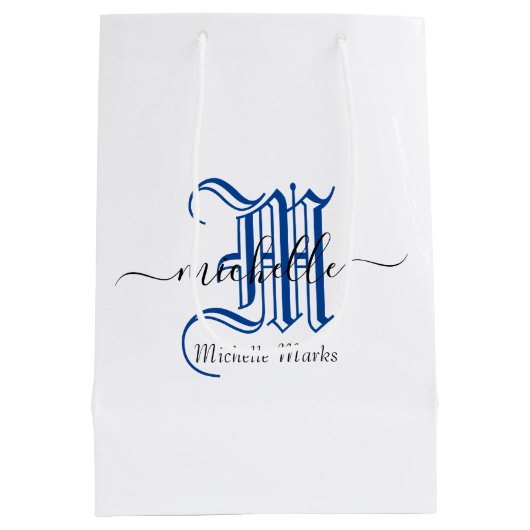 Monogramm personalisierter Anfangsname blau Mittlere Geschenktüte (Rückseite)