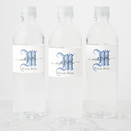 Monogramm personalisierter Anfangsname blau Wasserflaschenetikett (Flaschen)
