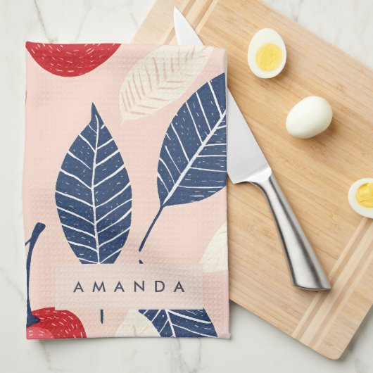 Monogramm-Personalisiertes Cherry-Leaf-Muster Geschirrtuch (Viertel Falte)