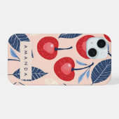 Monogramm-Personalisiertes Cherry-Leaf-Muster iPhone 15 Hülle (Rückseite (Horizontal))