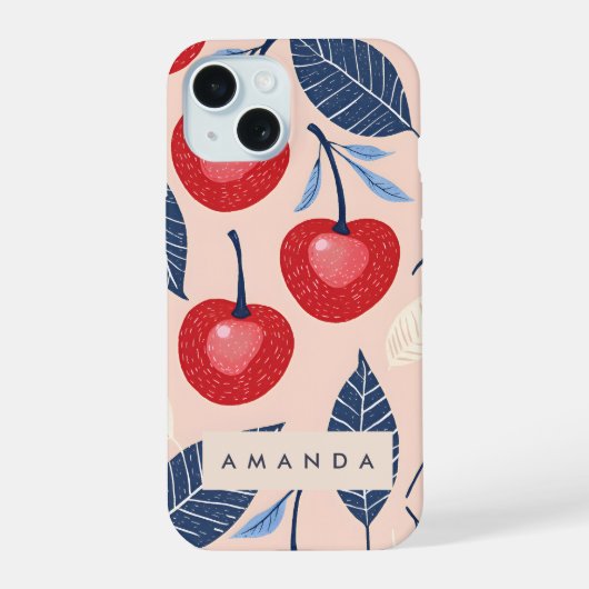 Monogramm-Personalisiertes Cherry-Leaf-Muster iPhone 15 Hülle (Rückseite)