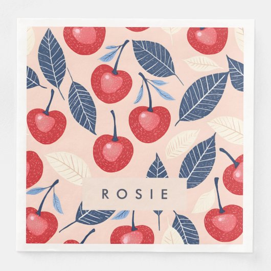 Monogramm-Personalisiertes Cherry-Leaf-Muster Serviette (Vorderseite)