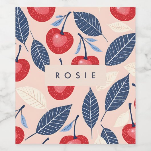 Monogramm-Personalisiertes Cherry-Leaf-Muster Weinetikett (Einzelnes Label)