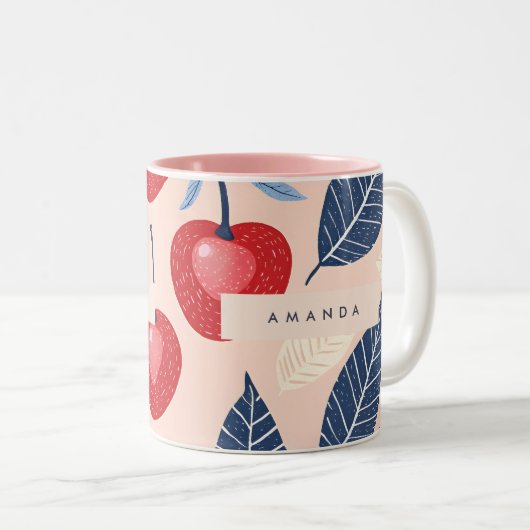 Monogramm-Personalisiertes Cherry-Leaf-Muster Zweifarbige Tasse (VorderseiteRechts)