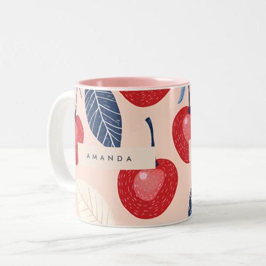 Monogramm-Personalisiertes Cherry-Leaf-Muster Zweifarbige Tasse (Vorderseite Links)