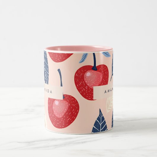 Monogramm-Personalisiertes Cherry-Leaf-Muster Zweifarbige Tasse (Mittel)