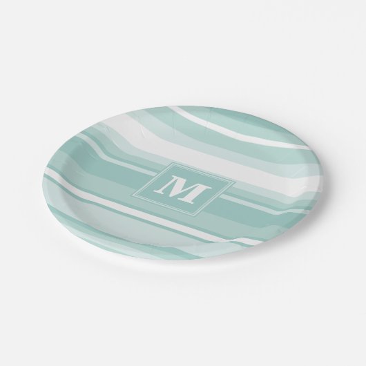 Monogramm Pfefferminzstreifen Pappteller (Schrägansicht)