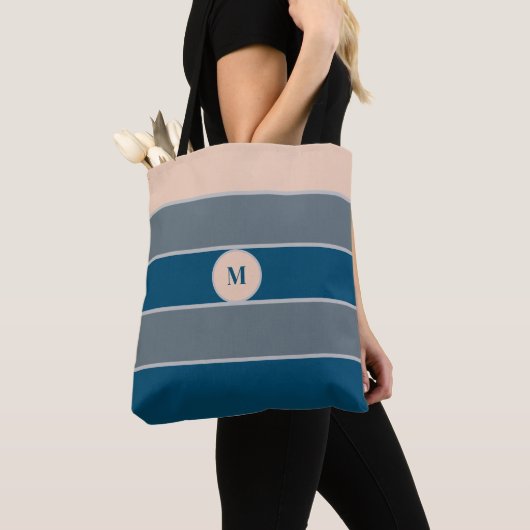 Monogramm Pfirsich Grau Blau Gestreift Modern Chic Tasche (Von Nahem)