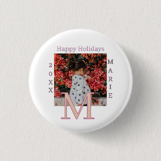 MONOGRAMM PFIRSICH GRAU NAME FOTO JAHR WEIHNACHTEN BUTTON (Vorderseite)
