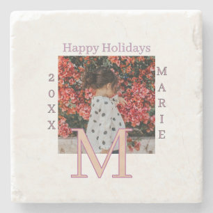 MONOGRAMM PFIRSICH GRAU NAME FOTO JAHR WEIHNACHTEN STEINUNTERSETZER