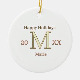 MONOGRAMM PFIRSICH GRAU NAME JAHR GOLDENE FEIERTAG KERAMIK ORNAMENT