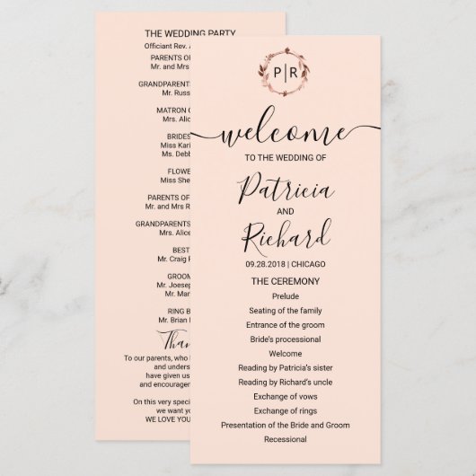 Monogramm Pfirsich Rosen Goldfolie Hochzeitsprogra Programm (Vorne/Hinten)