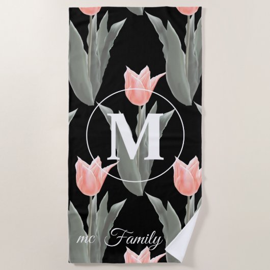 Monogramm-Pfirsichfarben mit elegantem Familiennam Strandtuch (Vorderseite)