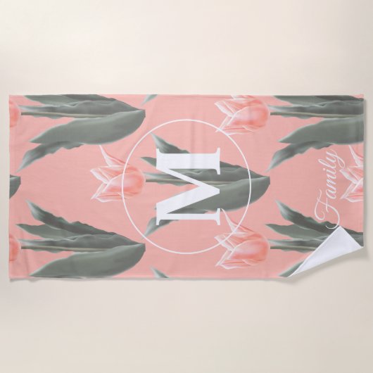 Monogramm-Pfirsichfarben mit elegantem Familiennam Strandtuch (Vorderseite)