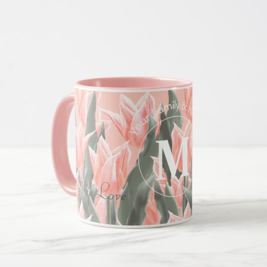 Monogramm-Pfirsichfarben mit elegantem Familiennam Tasse (Vorderseite Links)