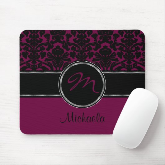 Monogramm-Pflaumen-Schwarz-weißer Damast Mousepad (Mit Mouse)