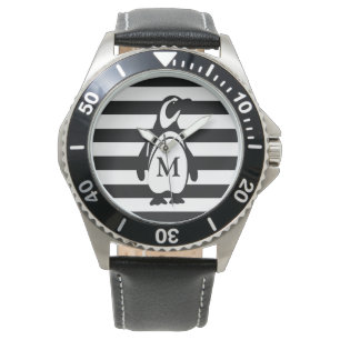 Monogramm Pinguin Black and White Stripes Modern Armbanduhr