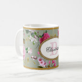 Monogramm Pink-Blume Kaffeetasse (Vorderseite Links)