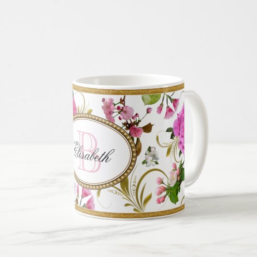 Monogramm Pink-Blume Kaffeetasse (VorderseiteRechts)