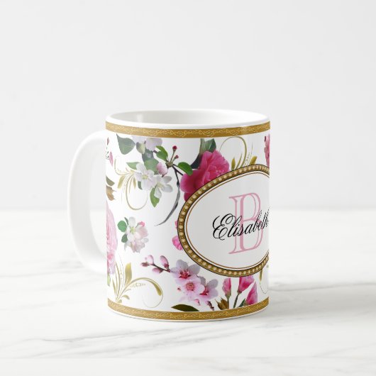 Monogramm Pink-Blume Kaffeetasse (Vorderseite Links)