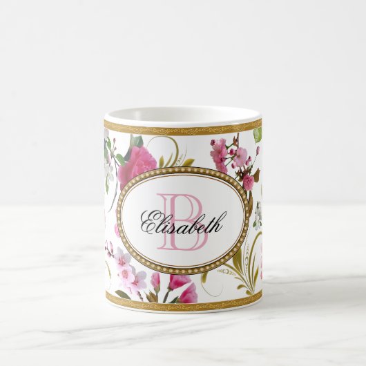 Monogramm Pink-Blume Kaffeetasse (Mittel)