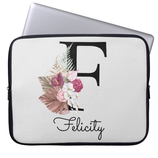 Monogramm Pink Boho Floral Initial F Laptopschutzhülle (Vorderseite)