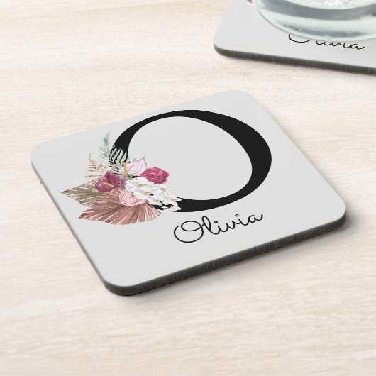 Monogramm Pink Boho Floral Initial O Getränkeuntersetzer (Linke Seite)