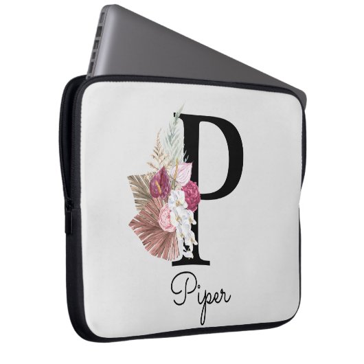 Monogramm Pink Boho Floral Initial P Laptopschutzhülle (Vorne Rechts)
