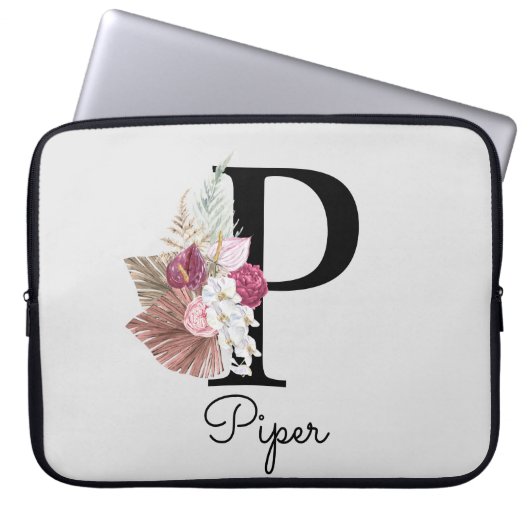 Monogramm Pink Boho Floral Initial P Laptopschutzhülle (Vorderseite)