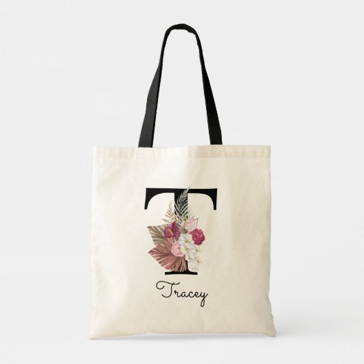 Monogramm Pink Boho Floral Initial T Tote Beutel Tragetasche (Rückseite)