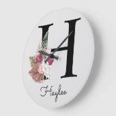 Monogramm Pink Boho Initial H Large Cl Große Wanduhr (Winkel)