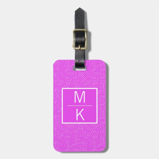 Monogramm Pink Circuit Square Splitter Gepäckanhänger (Vorderseite vertikal)