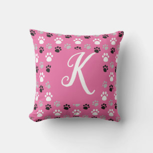 Monogramm Pink Dog Paws Kissen