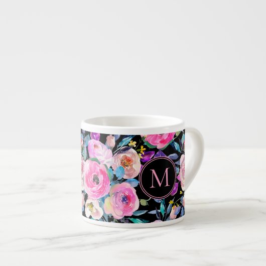 Monogramm Pink Floral Espressotasse (Vorderseite Rechts)