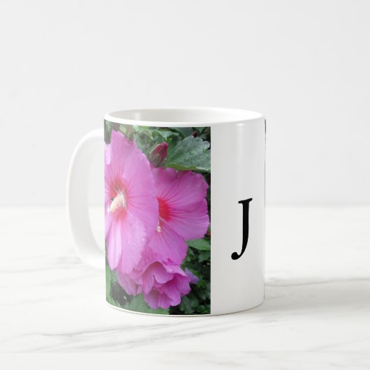 Monogramm Pink Floral Fotografie Kaffeetasse (Vorderseite Links)