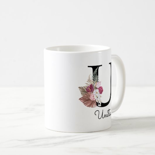 Monogramm Pink Floral Initial U Kaffeetasse (VorderseiteRechts)