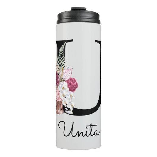 Monogramm Pink Floral Initial U Thermosbecher (Vorderseite)