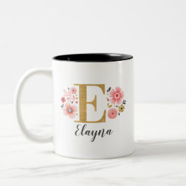 Monogramm Pink Floral Letter E Zweifarbige Tasse