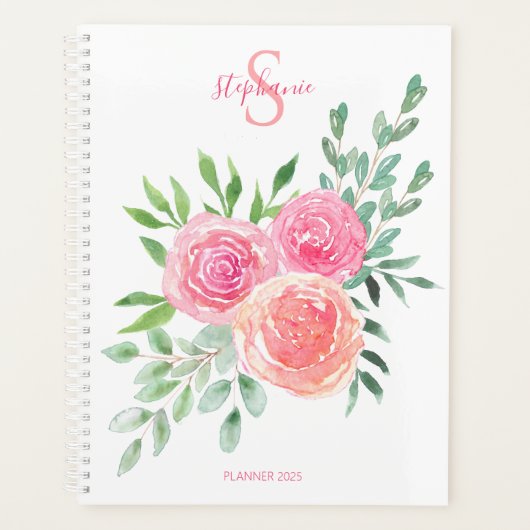 Monogramm Pink Floral Planer (Vorderseite)