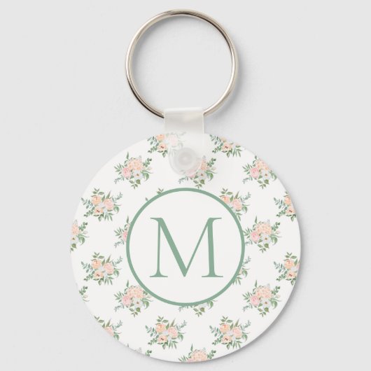 Monogramm Pink Floral Schlüsselanhänger (Vorderseite)