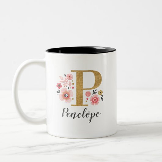 Monogramm Pink Floral Zweifarbige Tasse (Links)