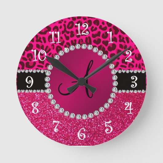 Monogramm Pink Glitzer Nebel Hot-Rosa Leopard Runde Wanduhr (Vorderseite)
