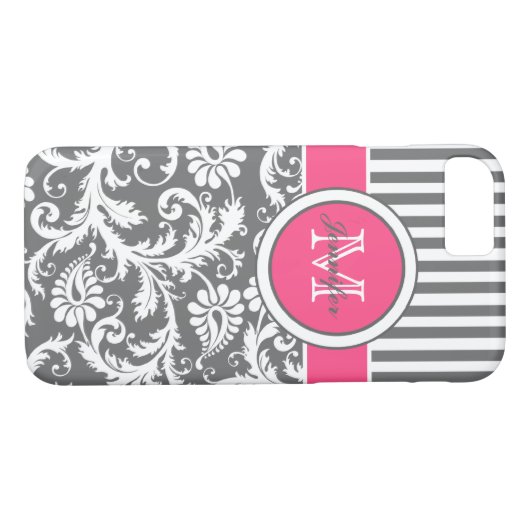 Monogramm Pink, grau, Streifen Damaske Case-Mate iPhone Hülle (Rückseite (Horizontal))